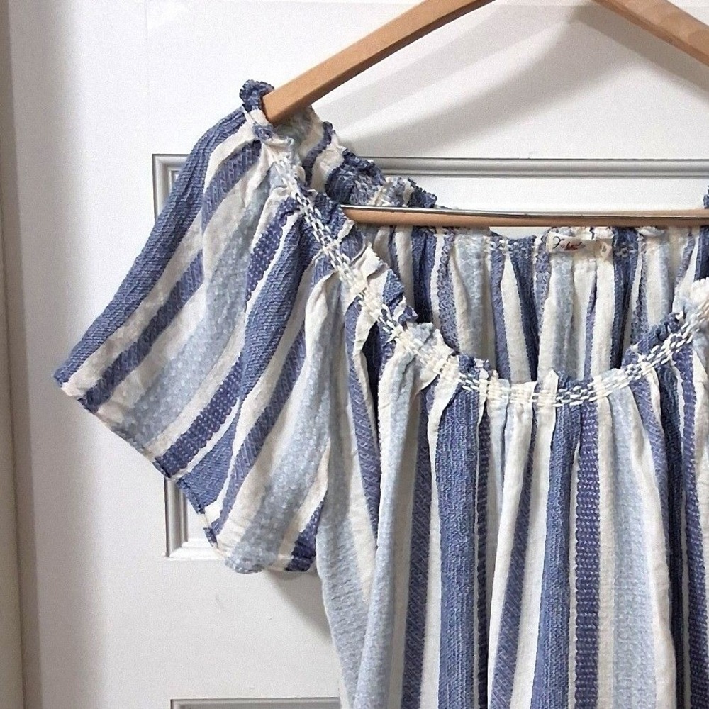 Faherty Annabelle Blue White Striped Peasant Top Short Flutter Sleeve Small - Picture 3 of 11
